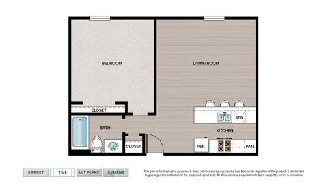 Floor plan for 1 bed, 1 bath, 575 sqft